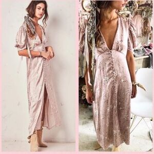 LoveShackFancy pink floral silk maxi dress with buttons